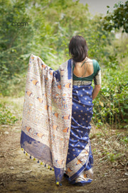 Navy Munga Silk Saree With Madhubani Prints